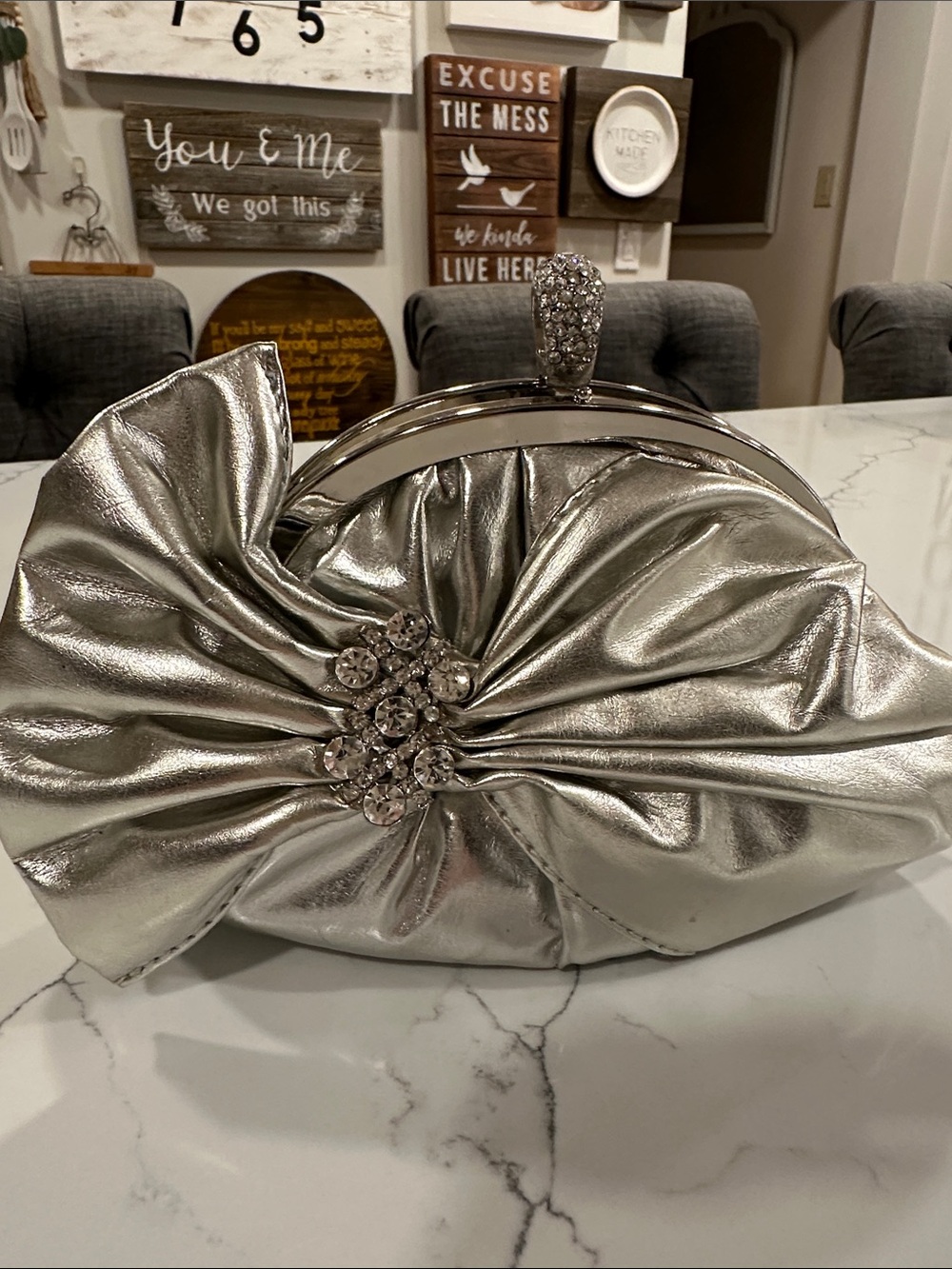Vintage Silver Rhinestone Bow Evening Clutch